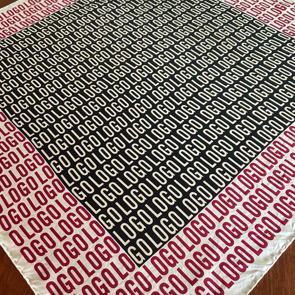 ✨VINTAGE✨ MOSCHINO rare “Logo” 100% silk scarf, 35” square hand finished.